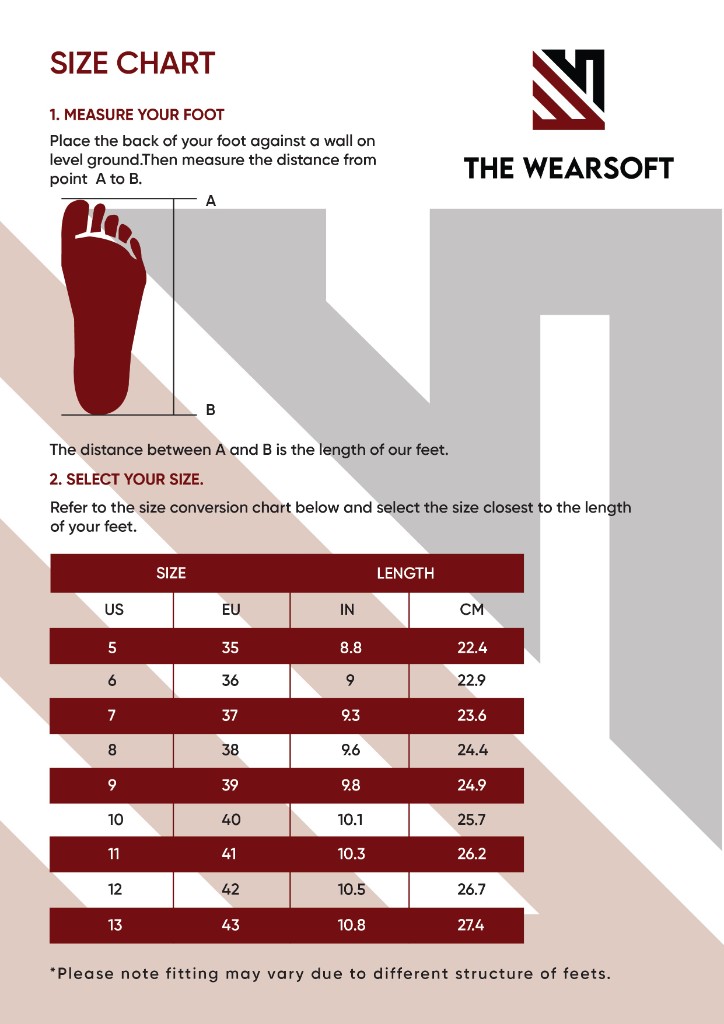 The Wear Soft size chart. Measure from heel to toe, then match US, EU, IN, and centimetre lengths from size 35 to 43.